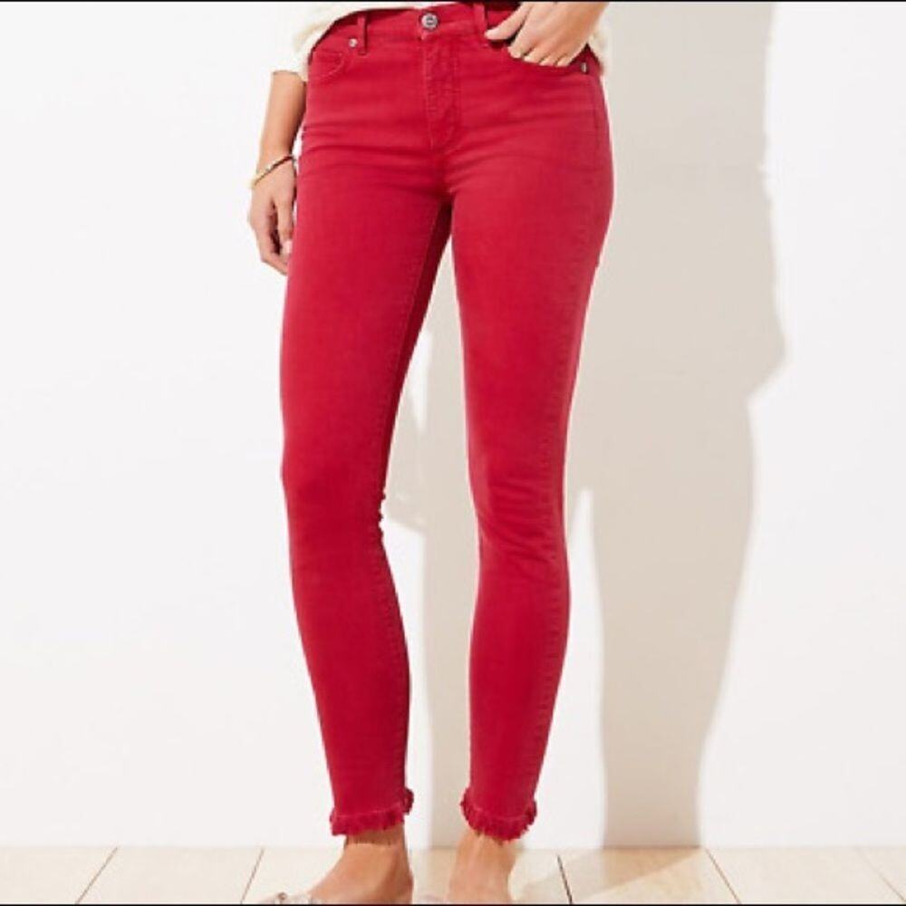 Ann Taylor Loft Wine Red Denim Modern Skinny Cropped Jeans w/ Raw Hem‎